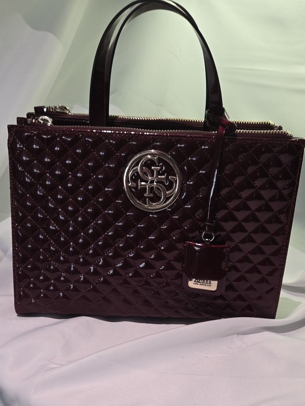 Guess Quilted Patent Satchel in Deep Wine